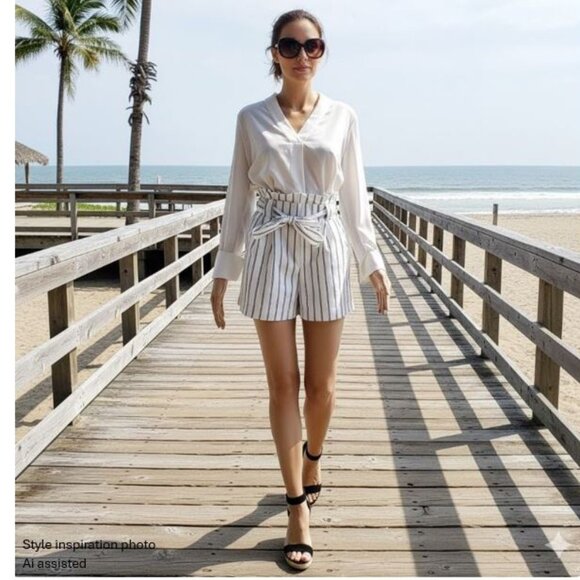 ZARA - High waisted white & navy striped shorts with front tie - Picture 2 of 10